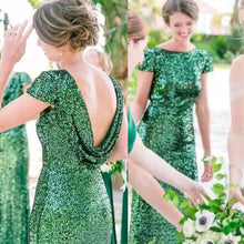 Load image into Gallery viewer, Green Sequins Bridesmaid Dresses Cap Sleeves