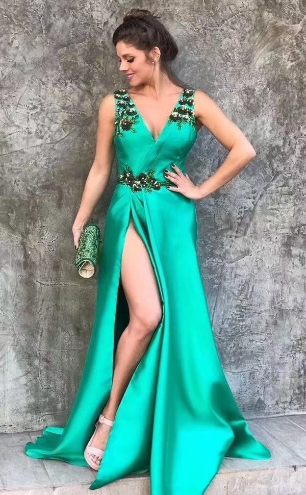 V Neck Prom Dresses Green Slit Side