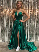 Load image into Gallery viewer, Spaghetti Straps Prom Dresses Green Slit Side Criss Cross