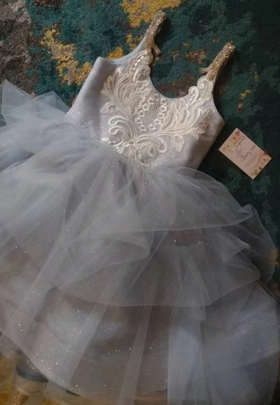 Sparkly Grey Flower Girl Dresses with Appliques