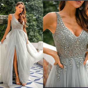 V Neck V Back Prom Dresses with Beading