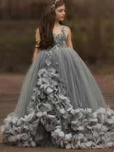 Load image into Gallery viewer, Straps Floor Length Flower Girl Dresses with Handmade Flowers