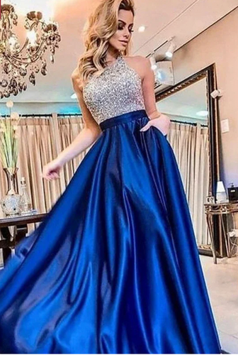 Halter Royal Blue Prom Dresses with Sequins