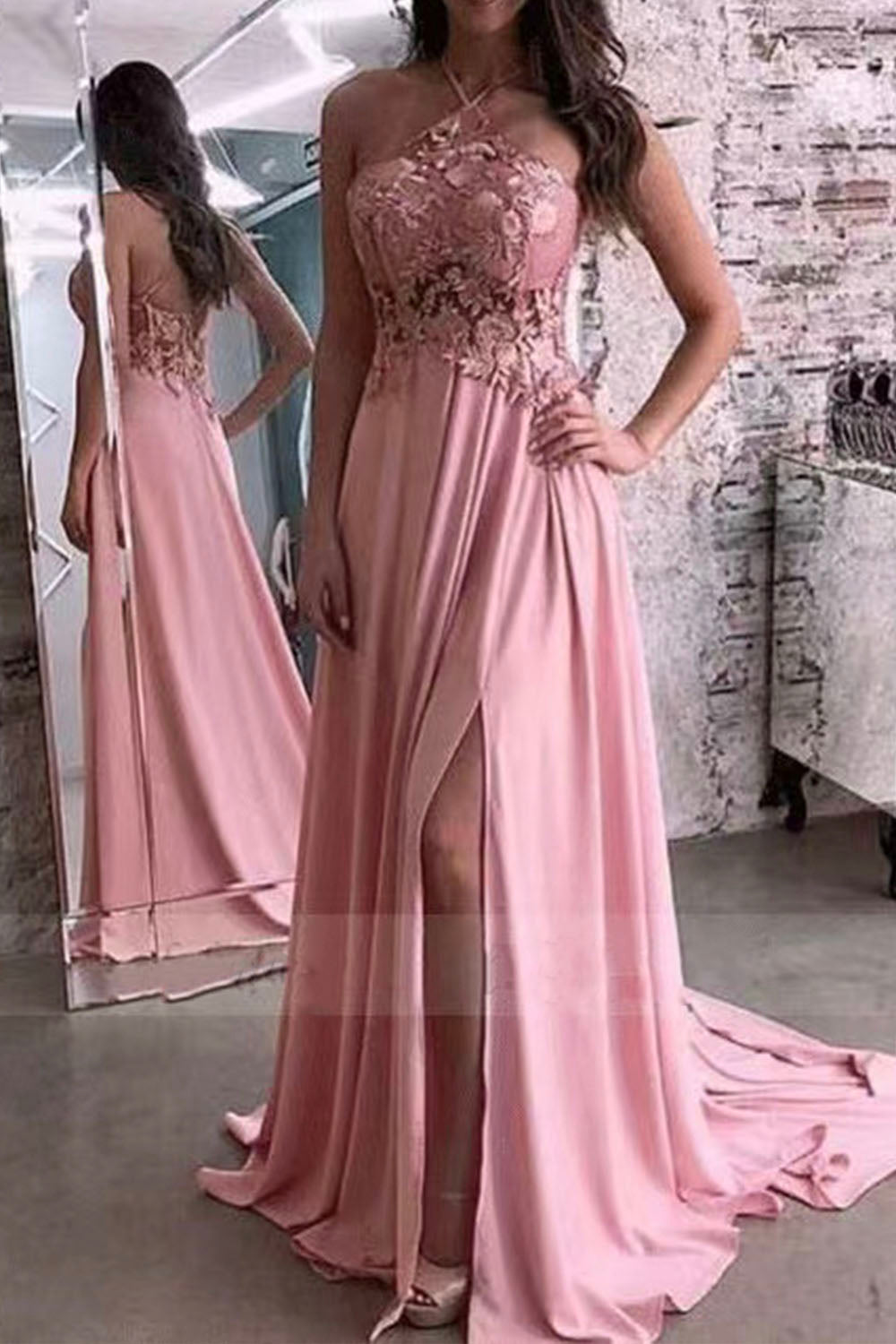 Halter Prom Dresses Slit Side with Lace Appliques