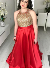 Laden Sie das Bild in den Galerie-Viewer, Halter Prom Dresses Red Evening Gown with Rhinestones