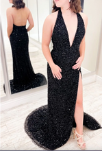 Load image into Gallery viewer, Black Deep V Neck Prom Dresses Backless Sequins