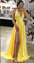 Load image into Gallery viewer, Halter V Neck Yellow Prom Dresses