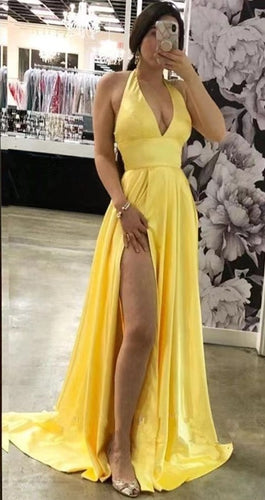 Halter V Neck Yellow Prom Dresses