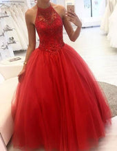 画像をギャラリービューアに読み込む, Red Halter Tulle Dresses Prom Gown with Beaded