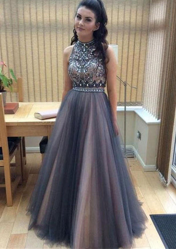 High Neck Tulle Long Prom Dresses with Beaded