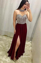 Load image into Gallery viewer, High Neck Split Side Burgundy Long Prom Dresses Evening Gowns