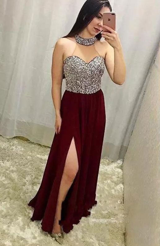 High Neck Split Side Burgundy Long Prom Dresses Evening Gowns
