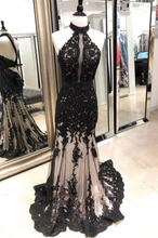 Charger l&#39;image dans la galerie, High Neck Black Prom Dresses with Lace