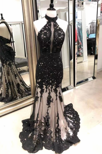 High Neck Black Prom Dresses with Lace