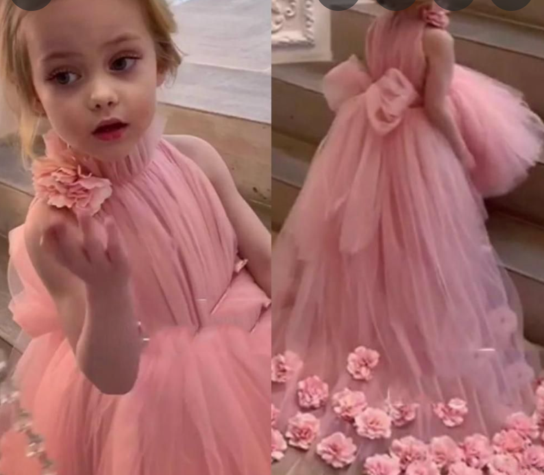 Flower girl Dresses High Neck with 3D Flowers