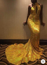 Load image into Gallery viewer, High Neck Gold Prom Dresses Mermaid Sequins with Keyhole