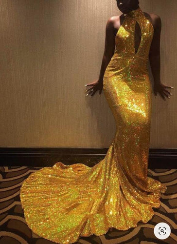 High Neck Gold Prom Dresses Mermaid Sequins with Keyhole
