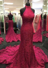 Laden Sie das Bild in den Galerie-Viewer, High Neck Lace Prom Dresses Court Train