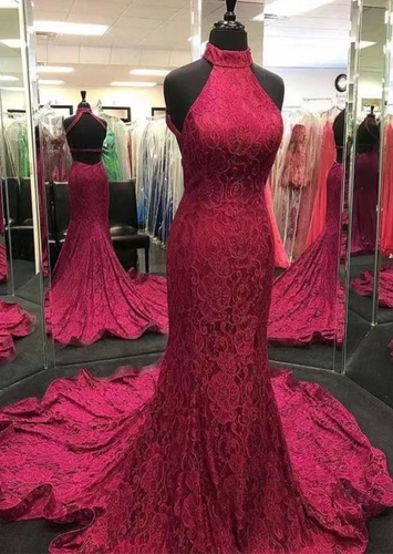 High Neck Lace Prom Dresses Court Train