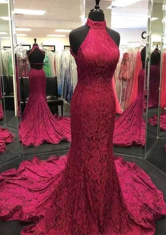 High Neck Lace Prom Dresses Court Train