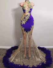 Load image into Gallery viewer, High Neck Mermaid Prom Dresses Sparkly Gold Tulle