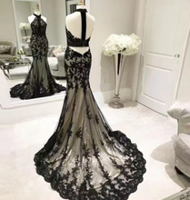 Charger l&#39;image dans la galerie, High Neck Black Prom Dresses with Lace