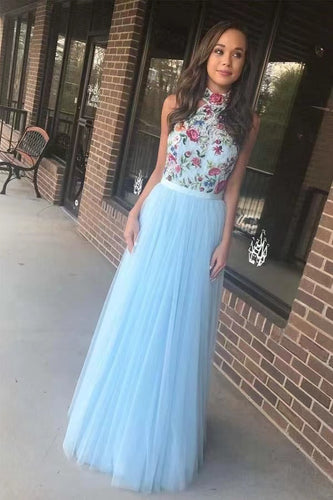 High Neck Prom Dresses Evening Gown with Embroidery