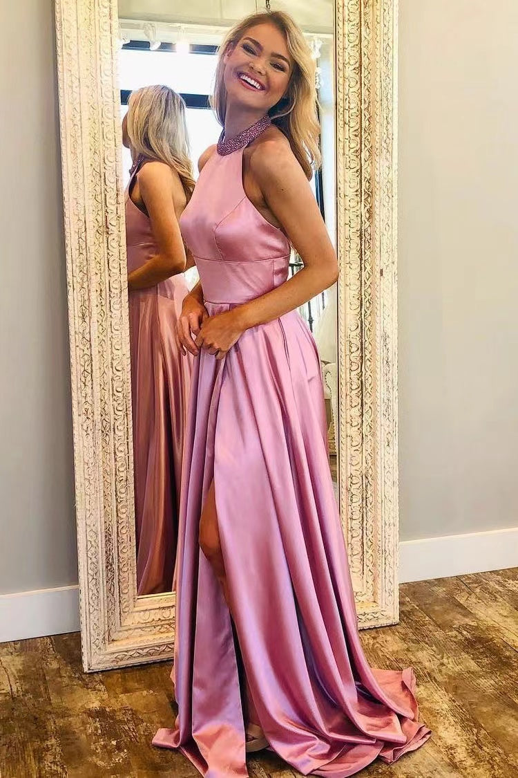 High Neck Slit Prom Dresses Floor Length