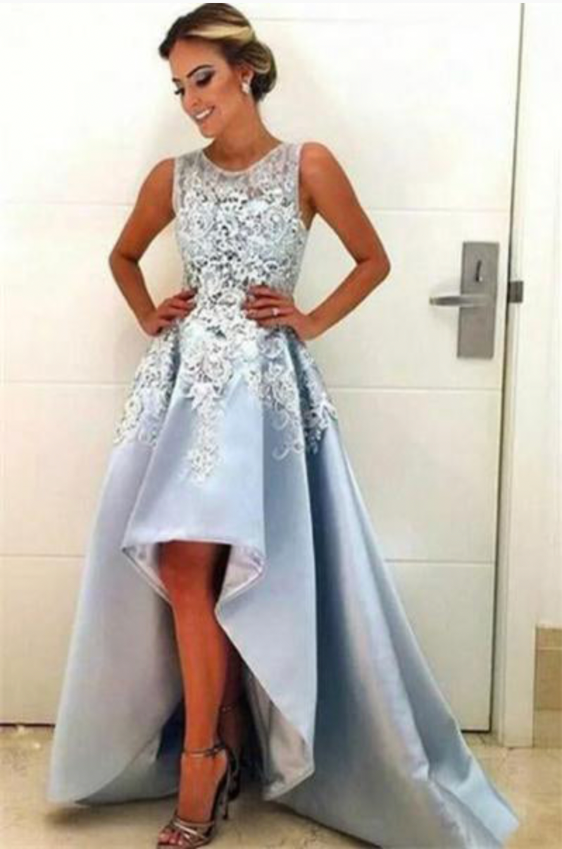 Sky Blue Prom Dresses Hi Low with Lace