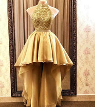 Load image into Gallery viewer, Hi Low Gold High Neck Prom Dresses