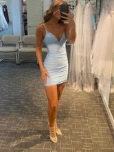 Load image into Gallery viewer, Sheath Light Blue Short Homecoming Dresses Criss Cross