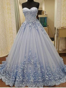 Hot Sell Strapless Ice Blue Prom Dresses with Appliques