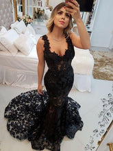 Laden Sie das Bild in den Galerie-Viewer, Black Lace Mermaid Prom Dresses Evening Gowns