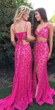 Cargar imagen en el visor de la galería, Two Piece Lace Prom Dresses Spaghetti Straps Fuchsia