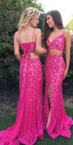 Two Piece Lace Prom Dresses Spaghetti Straps Fuchsia