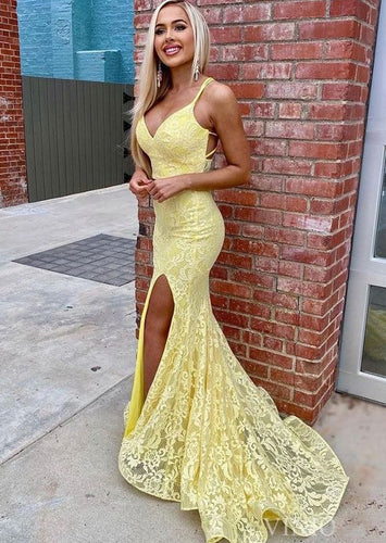 Lace Yellow Prom Dresses Criss Cross