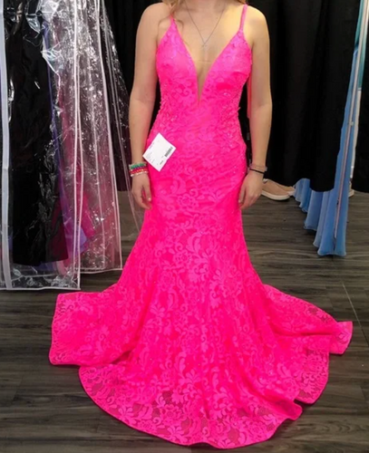 Prom Dresses Fuchsia Lace Spaghetti Straps