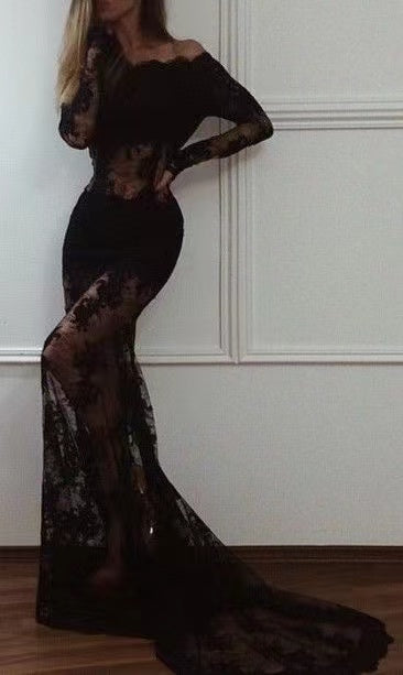 Black Lace Prom Dresses Mermaid High Neck