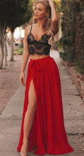 Load image into Gallery viewer, Two Piece Slit Prom Dresses with Lace