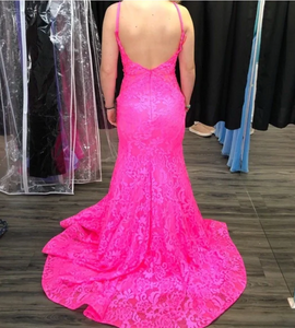 Prom Dresses Fuchsia Lace Spaghetti Straps