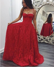 Load image into Gallery viewer, Red Lace Prom Dresses Spaghetti Straps