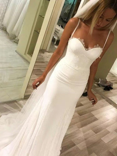 Lace Spaghetti Straps Sheath Wedding Dresses Bridal Gown