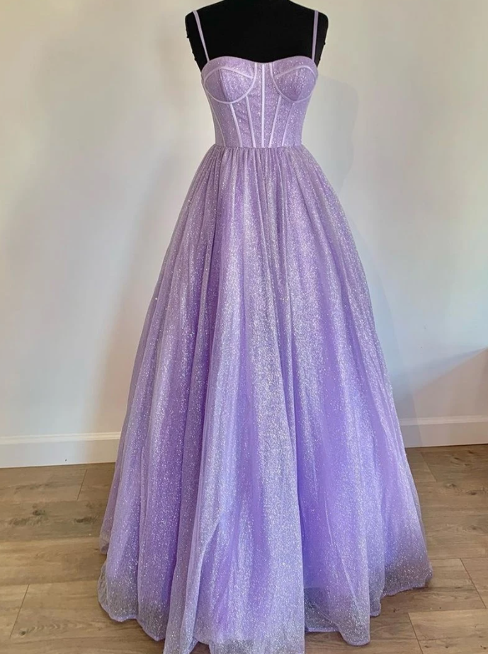 Lavender Prom Dresses Spaghetti Straps Sequins Sparkly