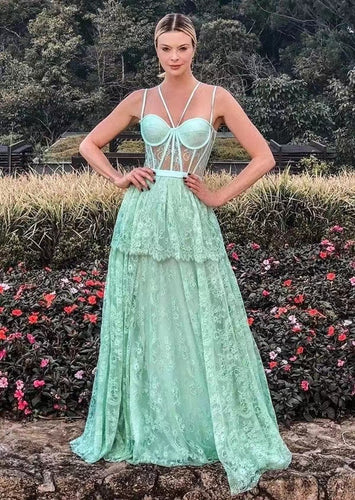 Light Sage Prom Dresses Lace Spaghetti Straps