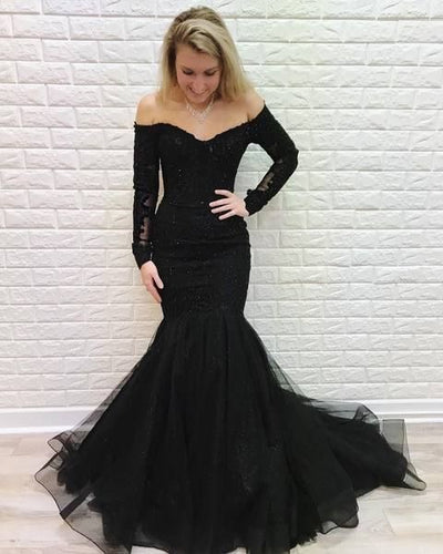 Black Mermaid Off the Shoulder Prom Dresses with Long Sleeves