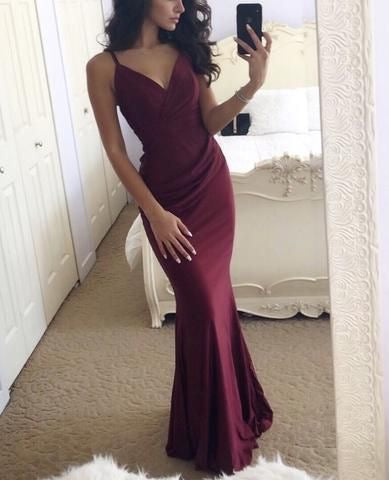 Maroon Prom Dresses Spaghetti Straps