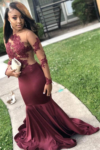 Maroon Prom Dresses Mermaid Evening Gown with Appliques