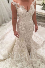 Load image into Gallery viewer, V Neck Lace Mermaid Wedding Dresses Bridal Gown