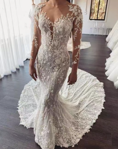 Mermaid Wedding Dresses Bridal Gown with 3D Flowers Lace