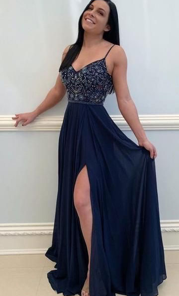 Spaghetti Straps Navy Long Prom Dresses with Beaded